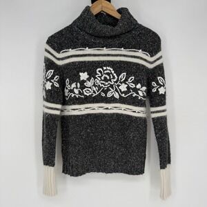 Vintage Gray Turtleneck Sweater Women's Small Embroidered Floral Dressbarn